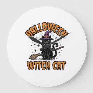 Relógio Grande Bruxa de Halloween Gato Desenho de Gravura Vintage