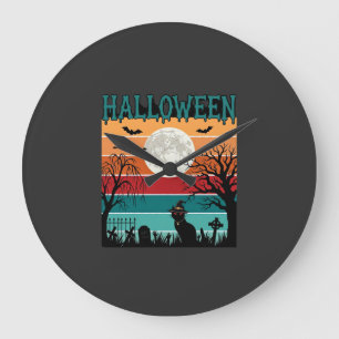 Relógio Grande Bruxa de Halloween Gato Teia de Aranha Lua Cemitér