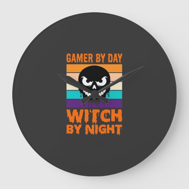 Relógio Grande Bruxa Gamer Halloween Crânio Retro (Frente)