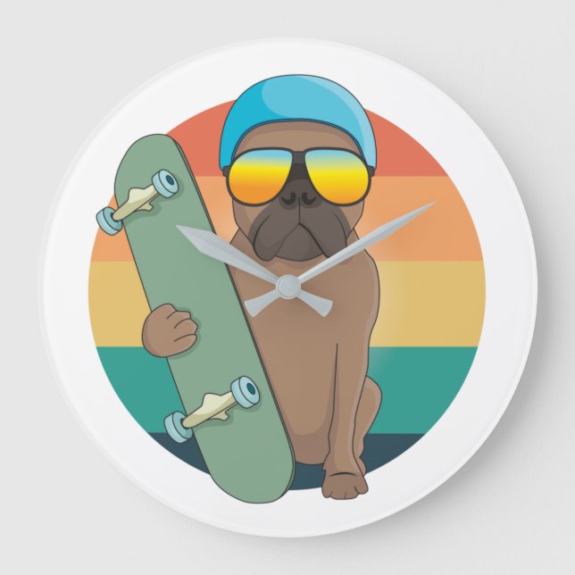 Relógio Grande buldogue bonito com conselho de patinação (Frente)