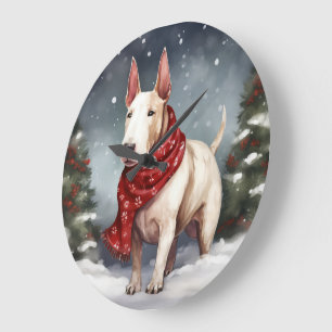 Relógio Grande Bull Terrier Dog no Natal da Neve