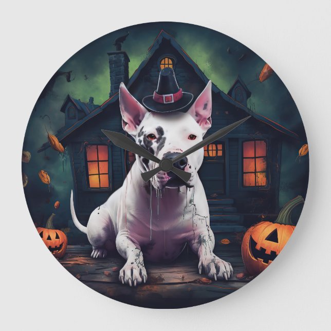 Relógio Grande Bull Terrier Pumpkins Halloween Scary (Frente)
