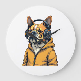 Relógio Grande Bulldog Antigo de Headphones Vestindo Capuz Música