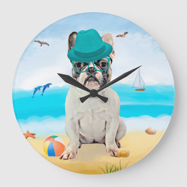 Relógio Grande Bulldog Francês na Praia (Frente)