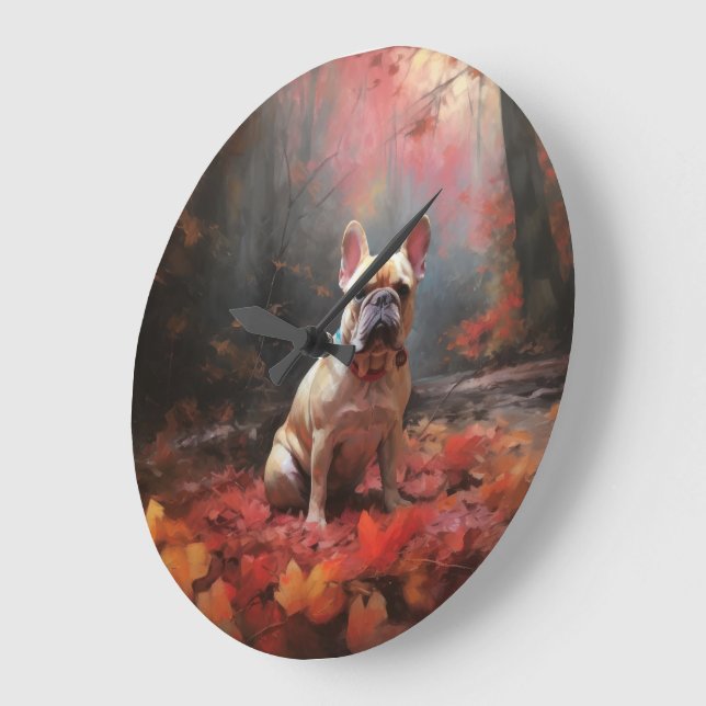 Relógio Grande Bulldog Francês nas Folhas de Outono Caem Inspiram (Ângulo)
