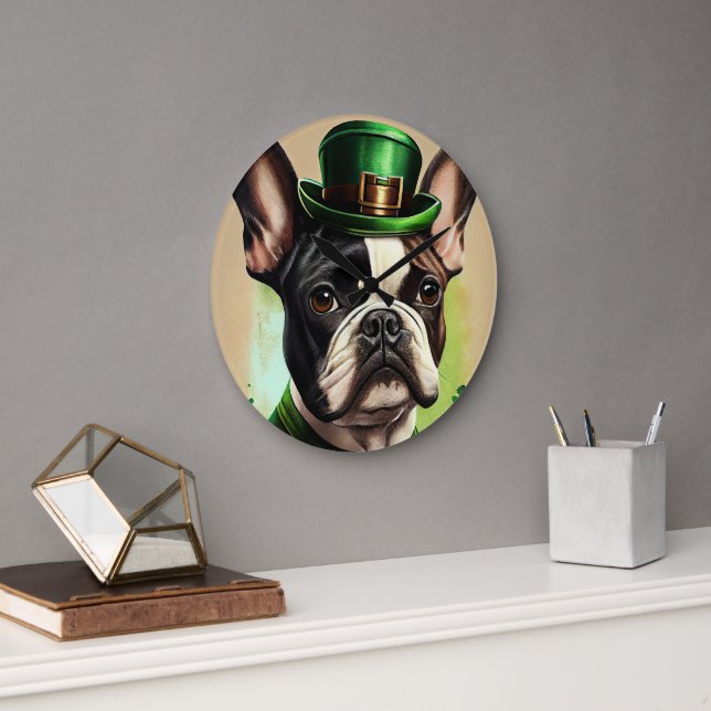 Relógio Grande Bulldog Francês vestido para o Dia de São Patrício (Escritório)