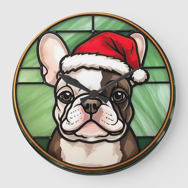 Relógio Grande Bulldog Francês Vidro Colorido Natal (Frente)