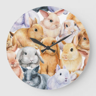 Relógio Grande Bunnies Watercolor Fundo Animal