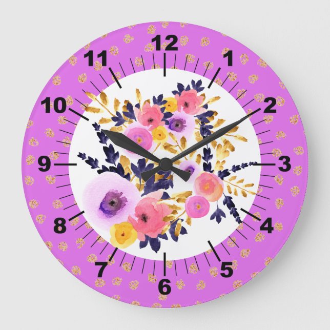Relógio Grande Buquê Floral Rosa e Roxo (Frente)