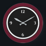 Relógio Grande Burgundy Black & White Minimalist<br><div class="desc">O relógio moderno apresenta um design minimalista em uma paleta de cores preto e branco, arrojada. Um simples design simples com números brancos em um fundo preto com uma borda colorida de vinho borrado. Uma adição na moda moderna à sua cozinha, sala de estar ou muro de escritório, um presente...</div>