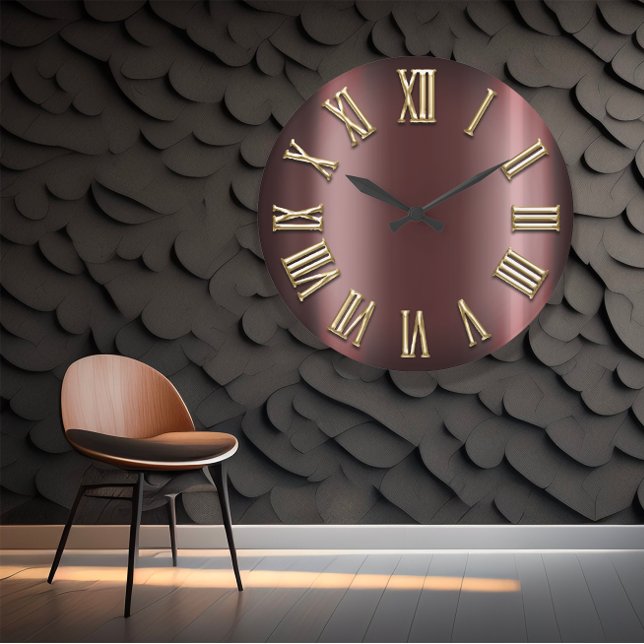 Relógio Grande Burgundy Maroon Dourado Número Metálico Romano (#BurgundyBeauty #MaroonMarvel #GoldGlamour #MetallicMajesty #RomanRefinement #TimelessTradition #Con)