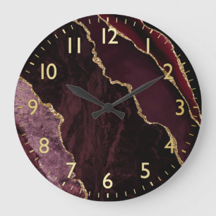 Relógio Grande Burgundy Red & Gold Faux Glitter Marble Agate