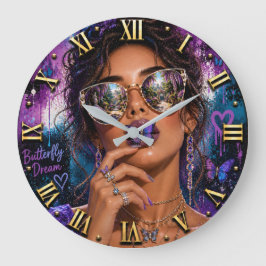 Relógio Grande Butterfly Dream Woman Portrait Purple Butterflies