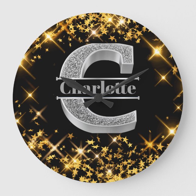 Relógio Grande C Monograma Inicial de Prata Personalizado Seu Nom (Frente)