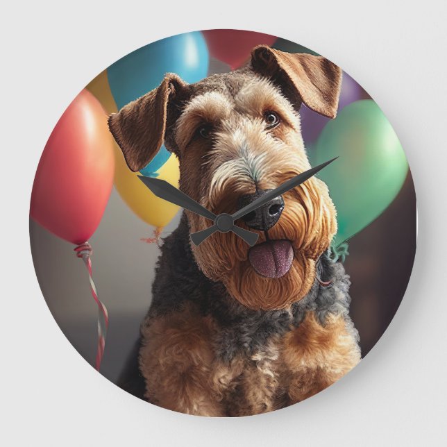 Relógio Grande Cachorro Airedale com bolo e balões (Frente)