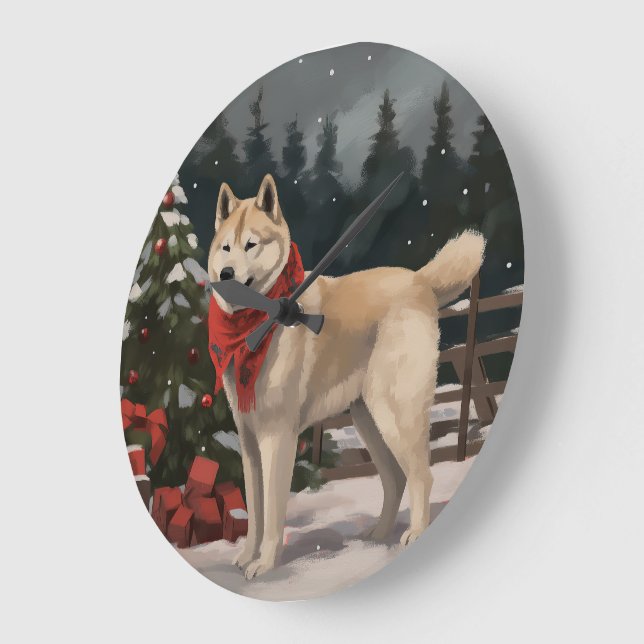 Relógio Grande Cachorro Akita na Neve Natal (Ângulo)