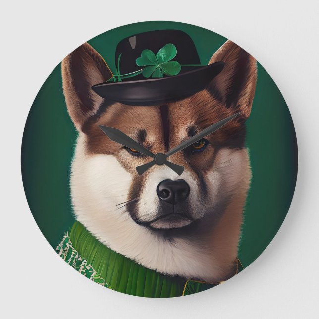 Relógio Grande cachorro akita vestido para o Dia de São Patrício (Frente)