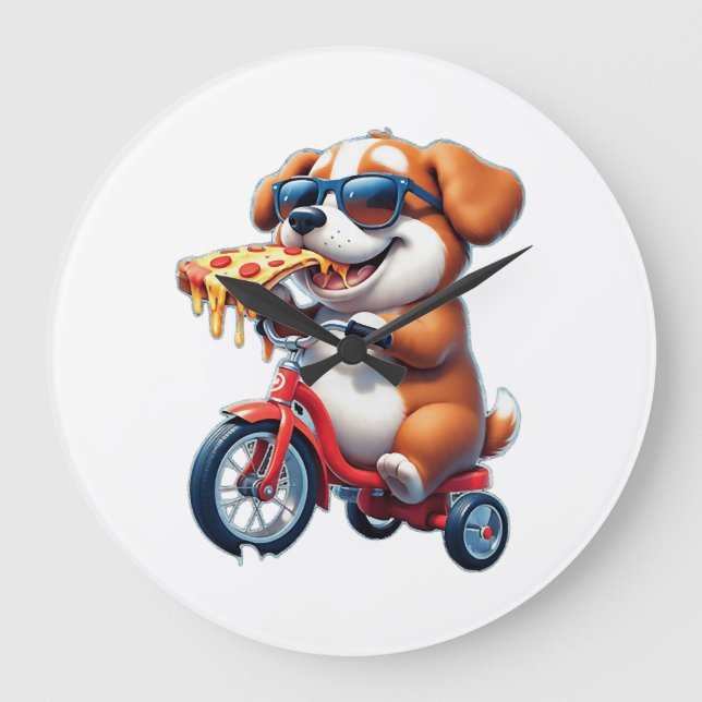 Relógio Grande cachorro andando de bicicleta comendo pizza (Frente)