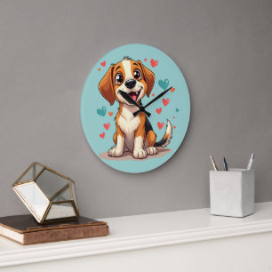Relógio Grande Cachorro Beagle Kawaii Fofo com Corações Cachorro