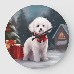 Relógio Grande Cachorro Bichon Frise na Neve Natal