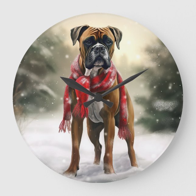 Relógio Grande Cachorro Boxer na Neve Natal (Frente)