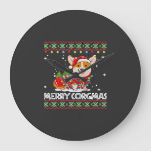 Relógio Grande Cachorro Corgi Feliz Corgmas Papai Noel Corgi Nata