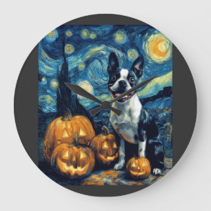 Relógio Grande Cachorro Cute Boston Terrier Halloween Jack O Lant
