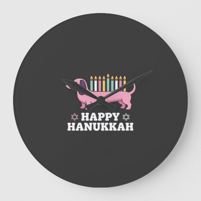 Relógio Grande Cachorro Dachshund Feliz Hanukkah (Frente)