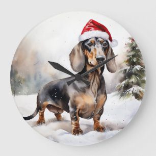 Relógio Grande Cachorro Dachshund na Neve Natal