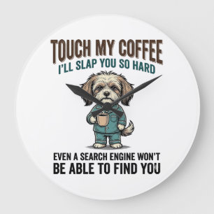 Relógio Grande Cachorro Engraçado Café Aviso Design de Gravura Vi