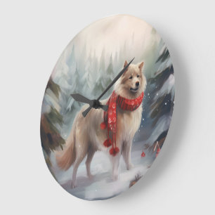 Relógio Grande Cachorro Finnish Lappund na neve de Natal