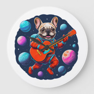 Relógio Grande Cachorro Francês Bonito Astronauta Tocando Guitarr