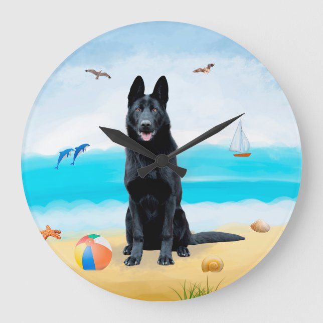 Relógio Grande Cachorro German shepherd Negro na praia (Frente)