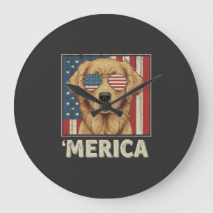 Relógio Grande Cachorro Golden Retriever Vintage Bandeira 'Merica