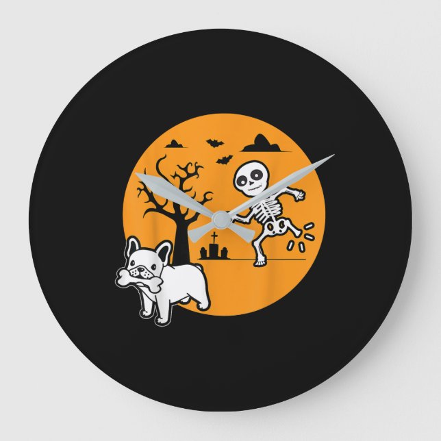 Relógio Grande Cachorro-Grande Francês Skeleton Bone Halloween Co (Frente)
