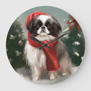 Relógio Grande Cachorro Japonês Chin na Neve Natal