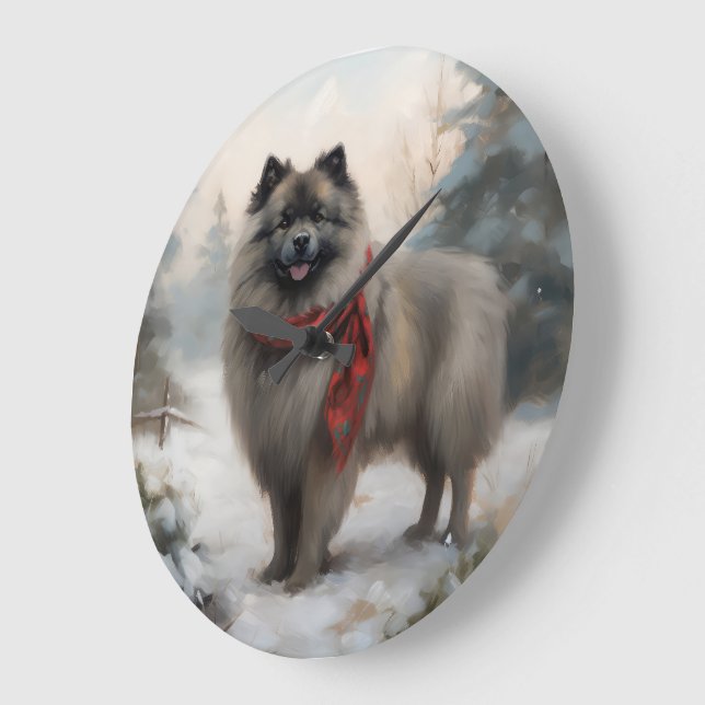 Relógio Grande Cachorro Keeshond no Natal da Neve (Ângulo)