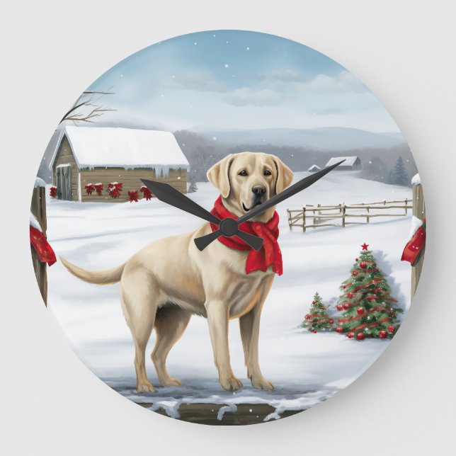 Relógio Grande Cachorro Labrador Retriever na Neve Natal (Frente)