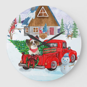 Relógio Grande Cachorro Papillon em Caminhão de Entrega de Natal