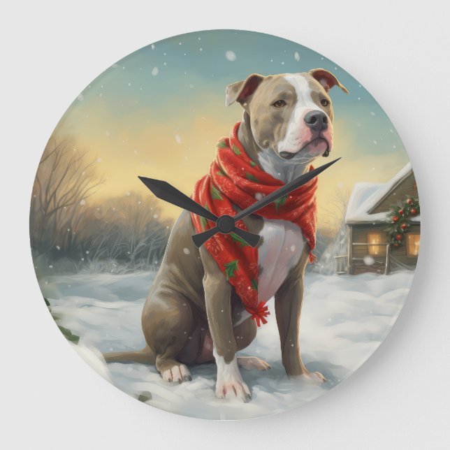 Relógio Grande Cachorro Pitbulento no Natal da Neve (Frente)