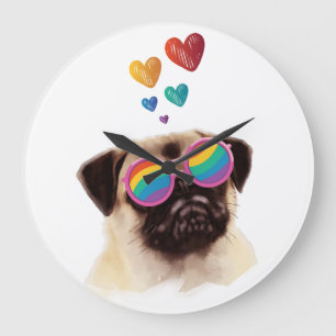 Relógio Grande Cachorro Pug com Corações Dia dos Namorados
