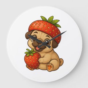 Relógio Grande Cachorro pug fofo com morangos frutado desenho eng