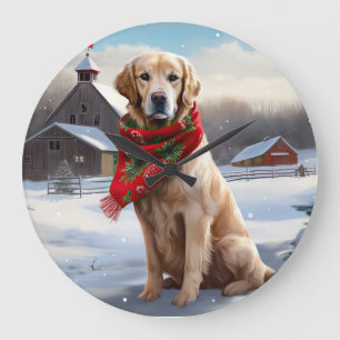 Relógio Grande Cachorro Retriever Dourado na Neve Natal