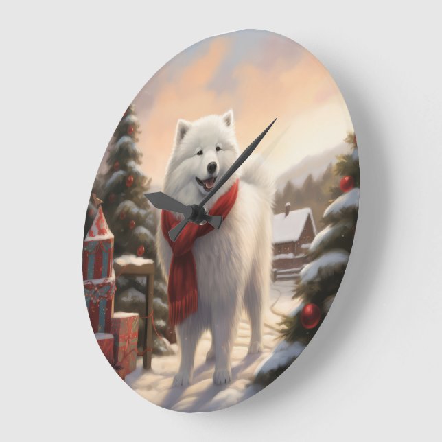 Relógio Grande Cachorro Samoyed no Natal da Neve (Ângulo)