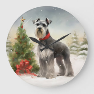 Relógio Grande Cachorro Schnauzer no Natal da Neve