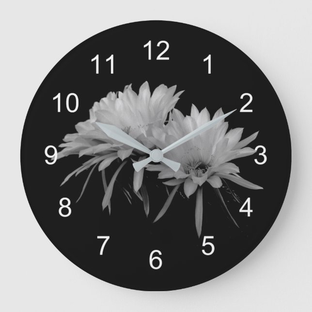 Relógio Grande Cacto preto e branco floresce (Frente)