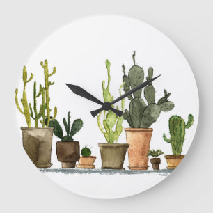 Relógio Grande Cactos de Aquarela Verde: Potes Desenhados À Mão