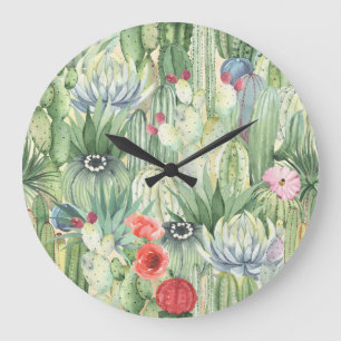 Relógio Grande Cactos, suculentes: impressão de aquarela floral.