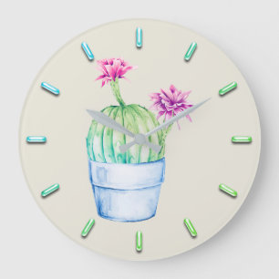 Relógio Grande Cactus Floral Rosa Aqua Watercolor Mint IVORY