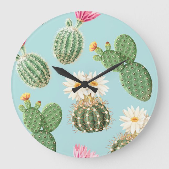 Relógio Grande Cactus, flores cor-de-rosa: decor leve (Frente)